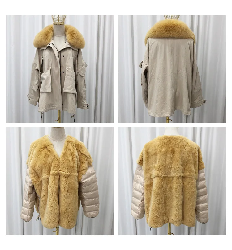 Natural Fur Coats Winter Coat Women Clothes Parkas Real Fur Rex Rabbit Fur Lining With Genuine Fox Fur Collar Female Jacket