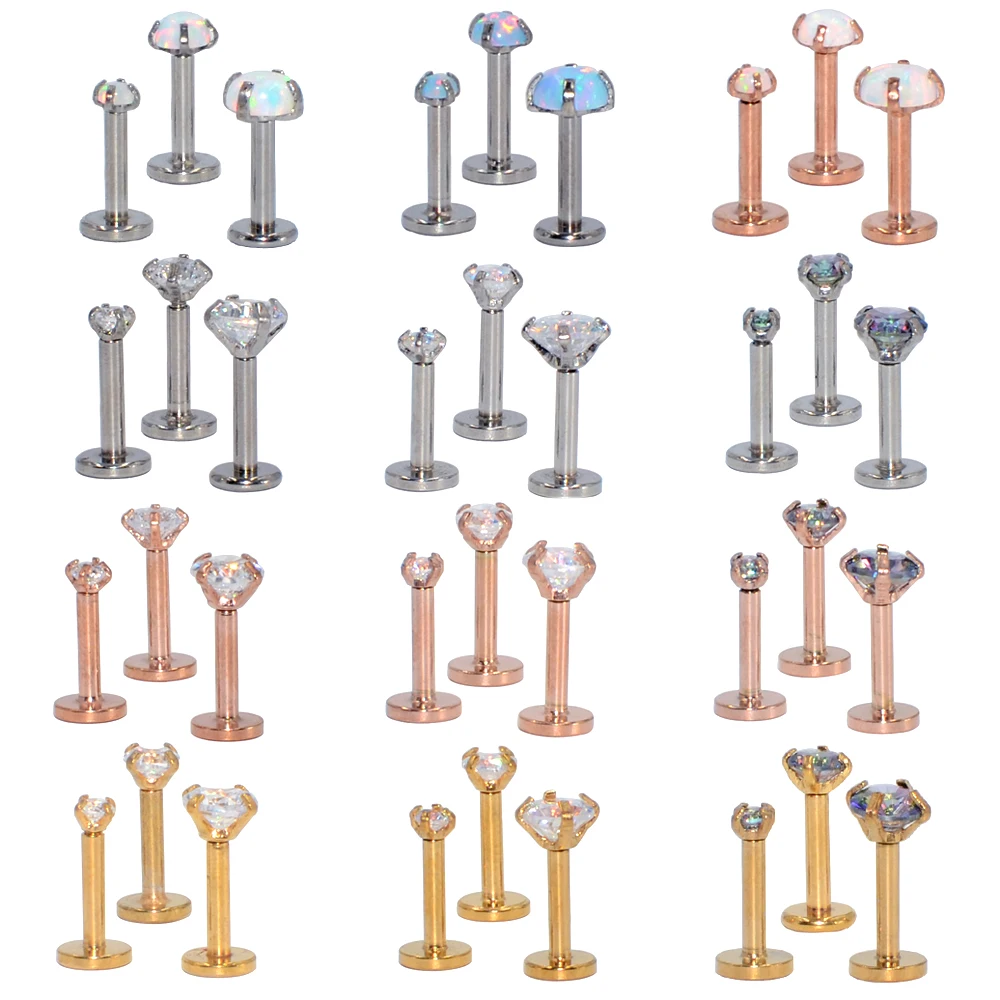 3PCSMixSizeInternallyThreadedProngRoundOpalZirconLabretStud