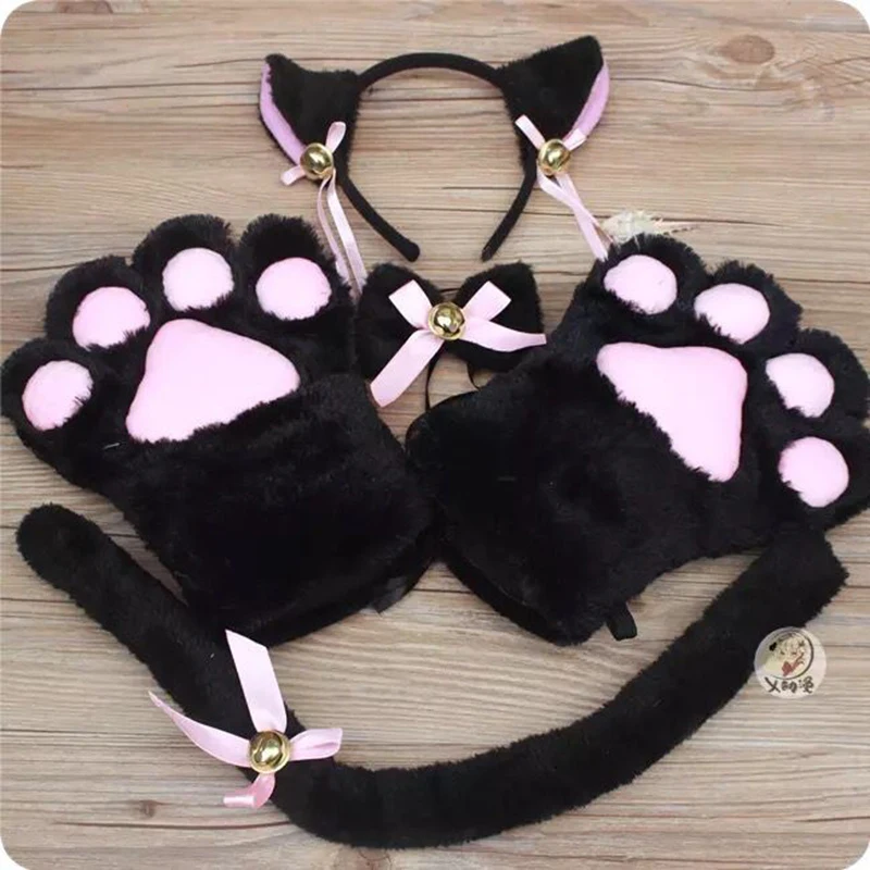 Cat Girl Anime Cosplay Costume Accessory Bell Hairwear Hairbands With Cat Ears Neko Lolita Maid Plush Glove Tail Paw Ear