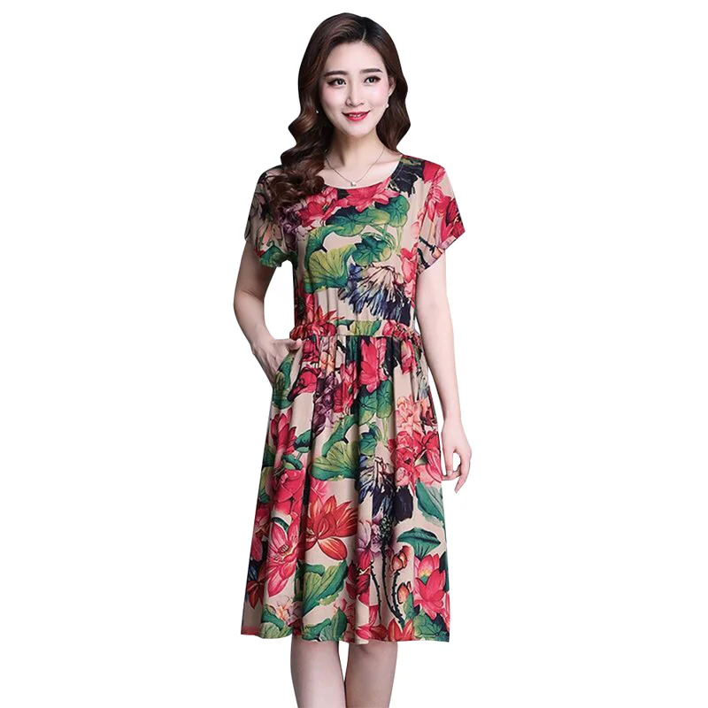 

Dress Elegant Plus Size Women Cotton Polyester Casual A-Line Print Short Sleeve Knee-Length O-Neck Summer Dress Maxi Dress L-4XL