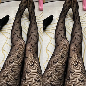 

Spring Summer Fishnet Tights Transparent Logo Tights Fashion Moon Pattern Thin Pantyhose Plus size Sexy Panty Collant