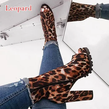 

Women Zip Peep Toe Leopard Ankle Boots Autumn New Ladies Snake Pattern Platform Thick High Heels Female Fashion Spring Shoes