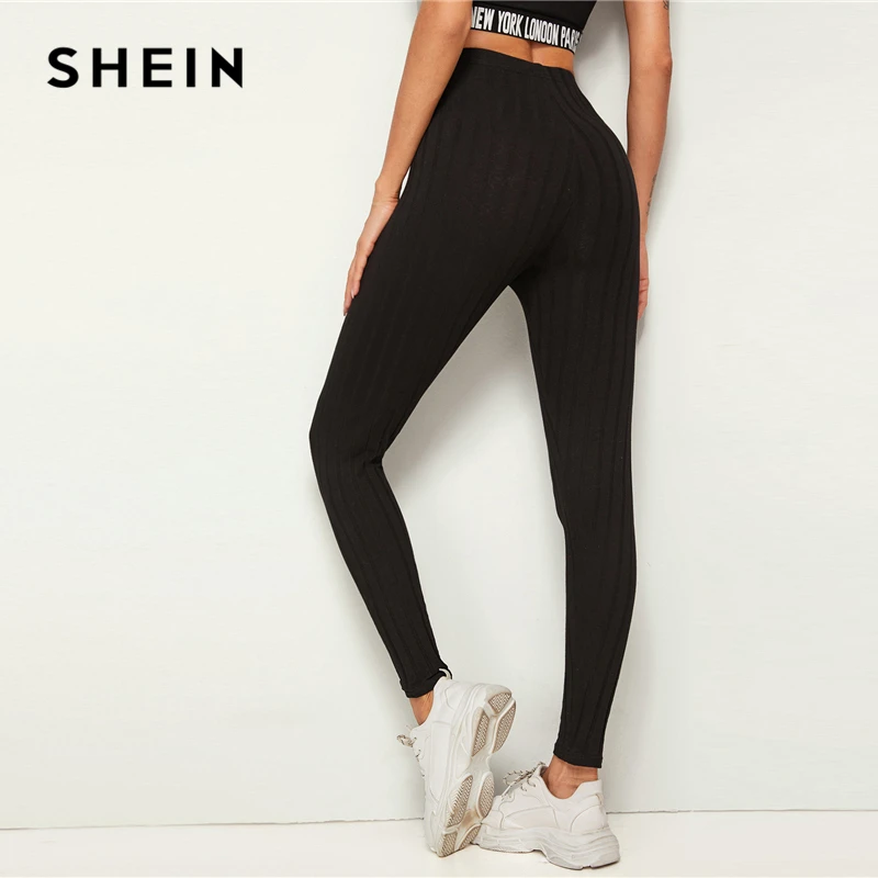 SHEIN черные однотонные ребристые трикотажные обтягивающие леггинсы брюки женские брюки осень эластичная талия активная одежда женские обтягивающие брюки