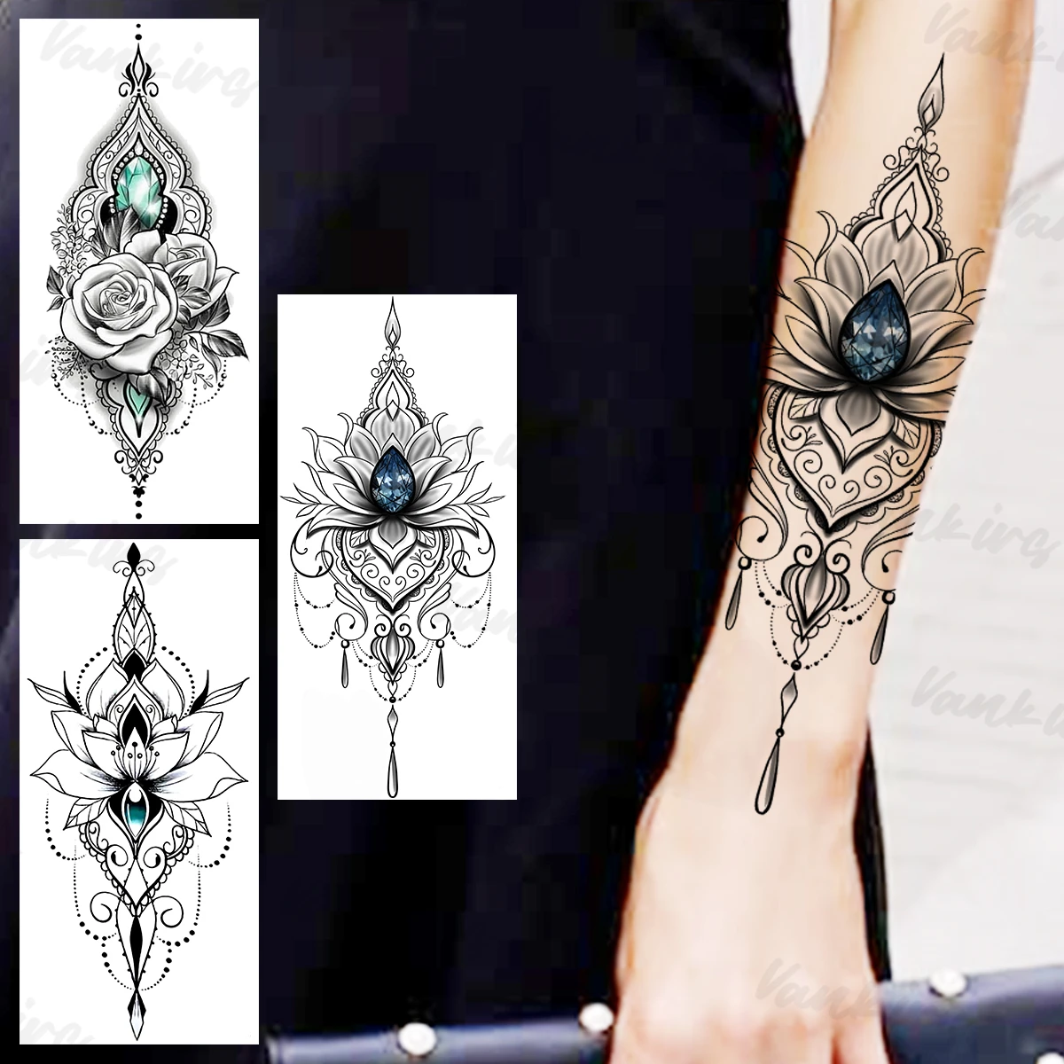 Henna Lotus Temporary Tattoos For Girls Women Realistic Rose Flower Fake Gemstone Tattoo Sticker Arm Back Tatoos Waterproof | Красота и