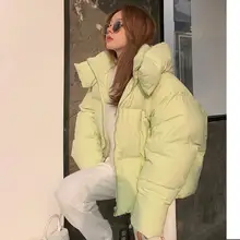 2021 Winter New Women Thickened Bread Down Jacket Student Loose Bat Sleeved Pink Green Solid Casual Coat Tops With Hooded Black
