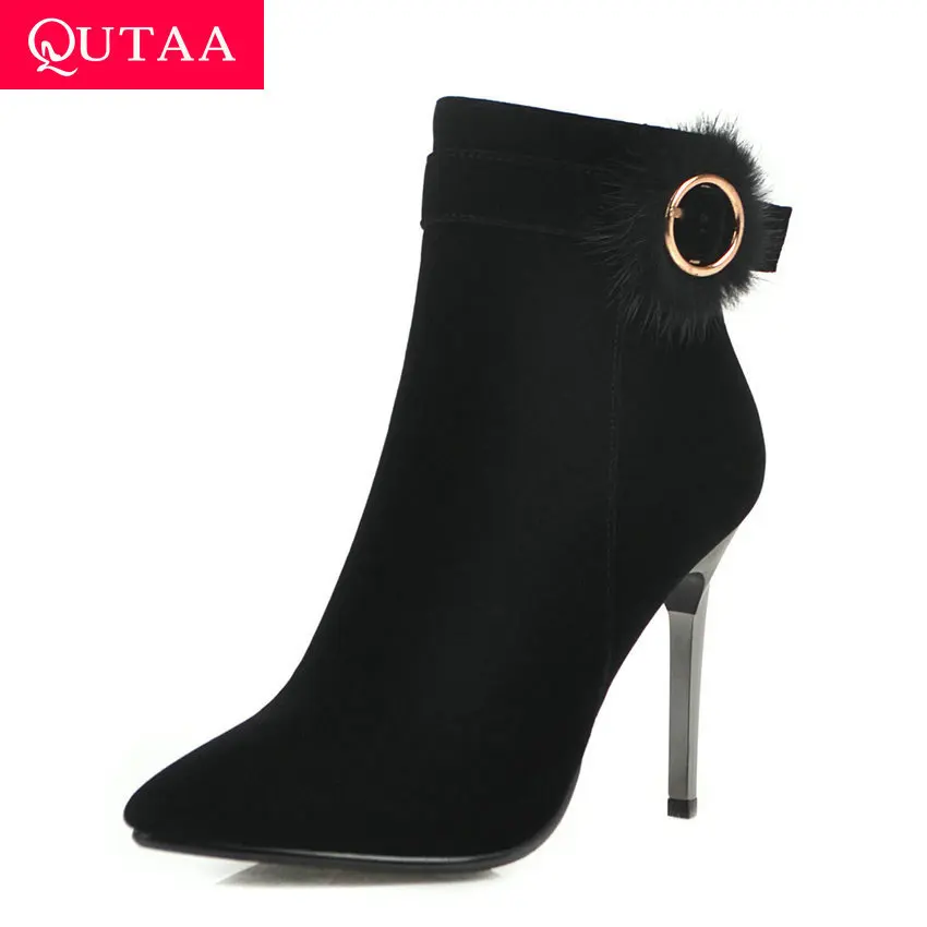 

QUTAA 2020 Women Ankle Boots Autumn Winter Scrub Buckle Women Shoes Sexy Thin High Heel Pointed Toe Zipper Short Boots Size34-43