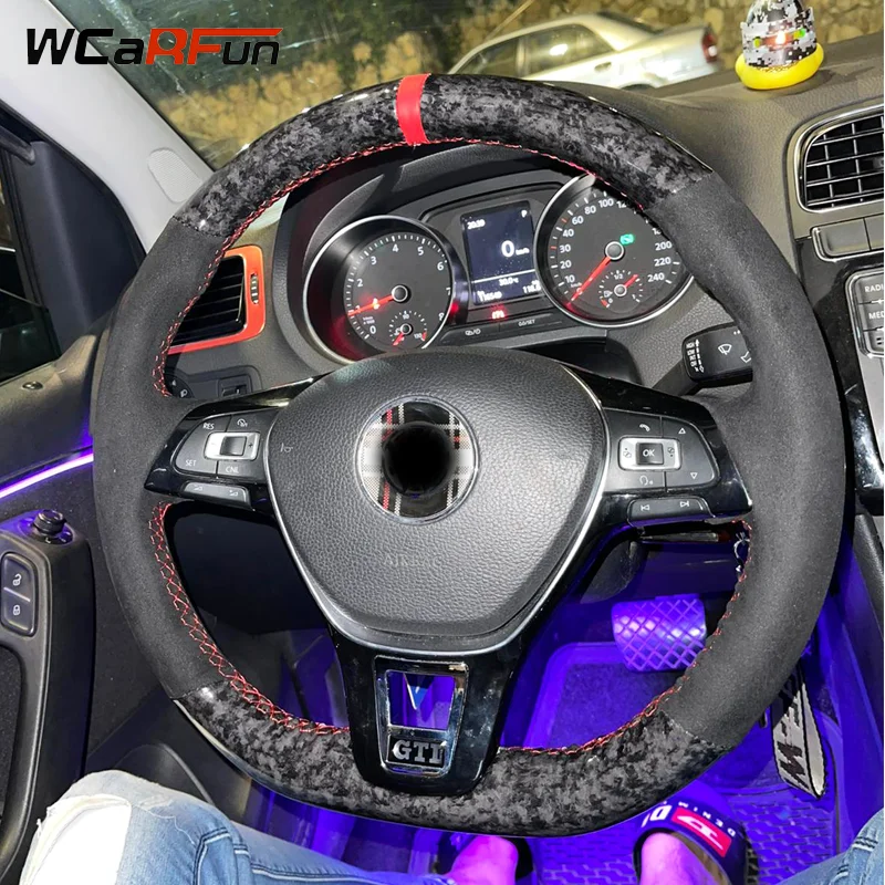 

WCaRFun Custom Black Suede Forged Carbon Car Steering Wheel Cover For Volkswagen Golf Mk7 VW New Polo Jetta Passat B8