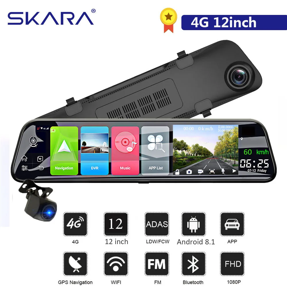 SKARA Android 8.1 Dash camera wifi 4G 12 inch Rearview mirror Car dvr Dual lens camera Video Recorder ADAS gps navigation 2G+32G