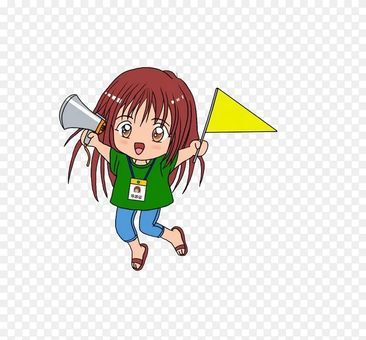 武夷山,福建包导游卡通-绿色服装带黄色旗帜导游