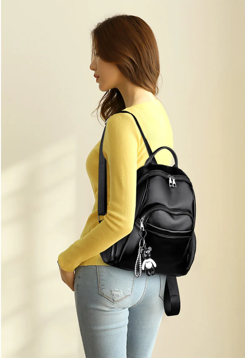 2019 Women Waterproof PU Soft Leather Backpack College Girls School Shoulder Bag Small Black Silver Multi Pocket Travel Rucksack (12)