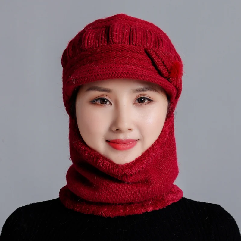 BINGYUANHAOXUAN, подарок матери, вязаная шапка с кроличьим мехом, полная защита лица, женская зимняя шапка, холодная Осенняя уличная теплая шапка - Цвет: red wine
