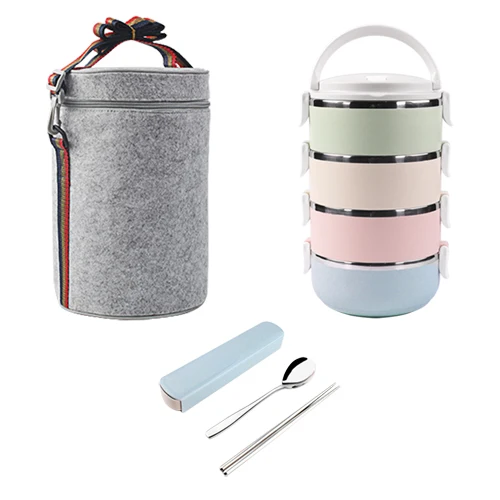 KHTO контейнер для хранения еды, термоконтейнер для ланча из нержавеющей стали, японская коробка для бенто, портативный набор для пикника с набором посуды, сумка - Цвет: 4 layers set