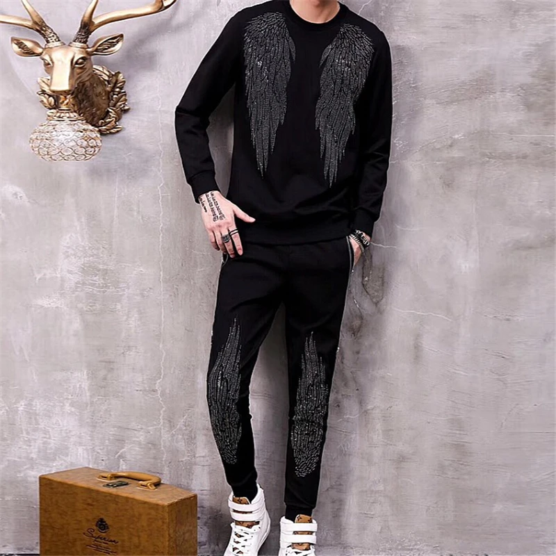 fashion brand hot drill embroidery water droplet suit men's tracksuit with Pants Large Size fitness leisure design two s