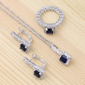 

Square 925 Silver Jewelry Sets Blue CZ White Crystal for Women Stud Earrings/Ring/Pendant /Necklace Silver Set