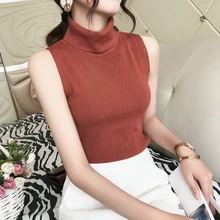 Модный женский трикотажный однотонный вязаный жилет без рукавов с высоким воротником женский укороченный топ