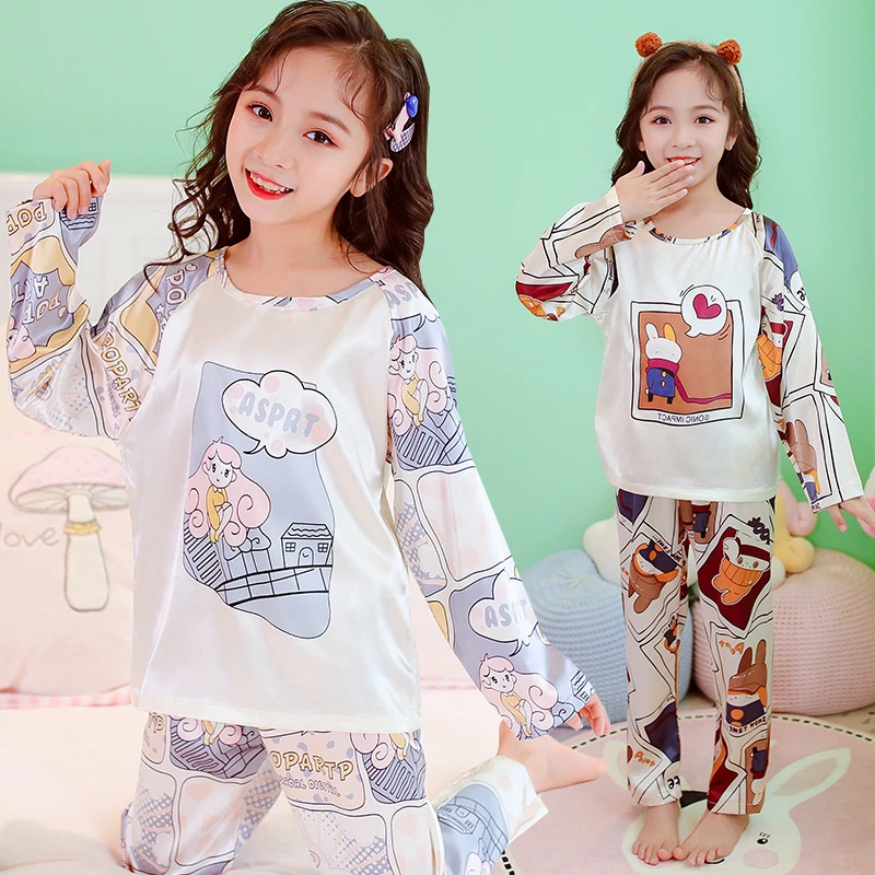 Children's Ice Silk Pajamas Set Spring Summer Long Sleeve Print Teen Girls  Homewear Two piece Suit for Girls Clothing Pyjamas|Pajama Sets| - AliExpress