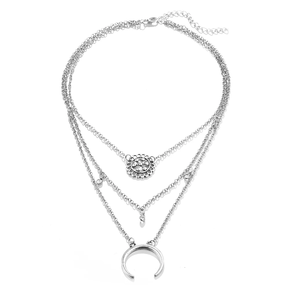 Meyfflin, Серебряное колье, ожерелье s для женщин, богемное, резное, цветок, луна, многослойное ожерелье, цепочка, воротник, модное ювелирное изделие