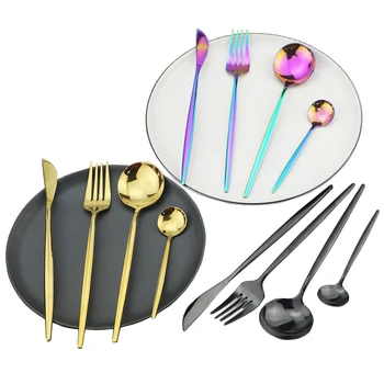 

16pcs Rainbow Dinnerware Set 304 Stainless Steel Flatware Set Gold Knife Fork Spoon Dinner Set Kitchen Silverware Tableware Set