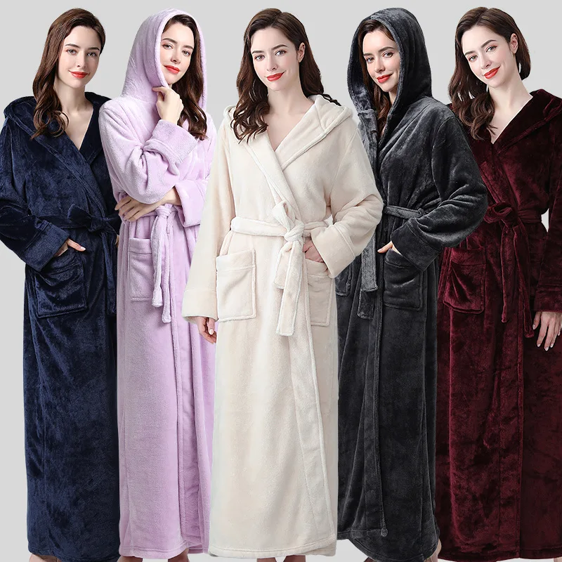 

Lady Autumn Winter Coral Velvet Female Pregnant Women Robe Hooded Dressing Gown Thick Long Bathrobe Thermal Nightgown Warm Soft