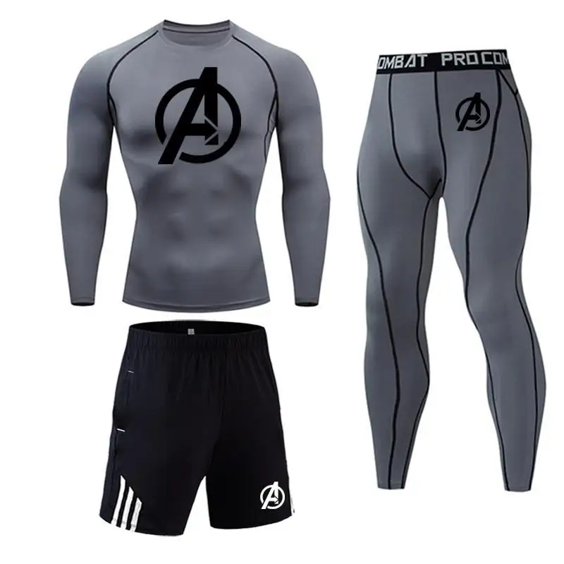 Высококачественный мужской костюм для фитнеса с логотипом Мстителей, компрессионная быстросохнущая Зимняя Теплая мужская спортивная одежда