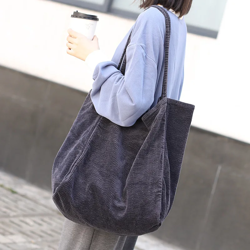 Ulisty Women Large Capacity Corduroy Shoulder Bag Retro Handbag Fashion Shopping Bag Daily Bag Black 