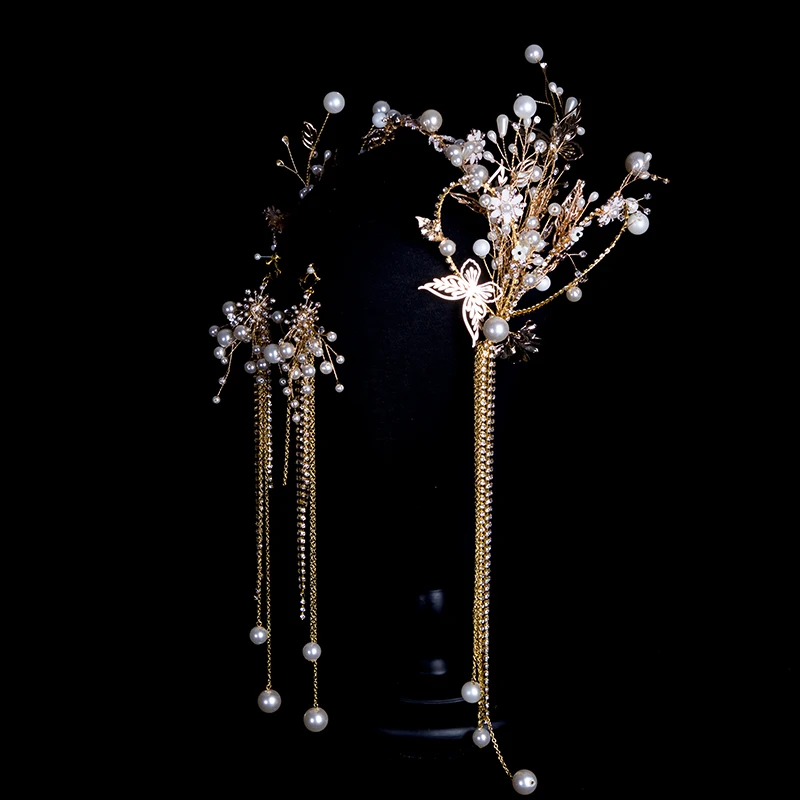 Fashion Headdress Earrings Fairy Tiaras Butterfly Pearl Bead Chain Tassels Model Show Studio Photo Shoot Decoration Accessories