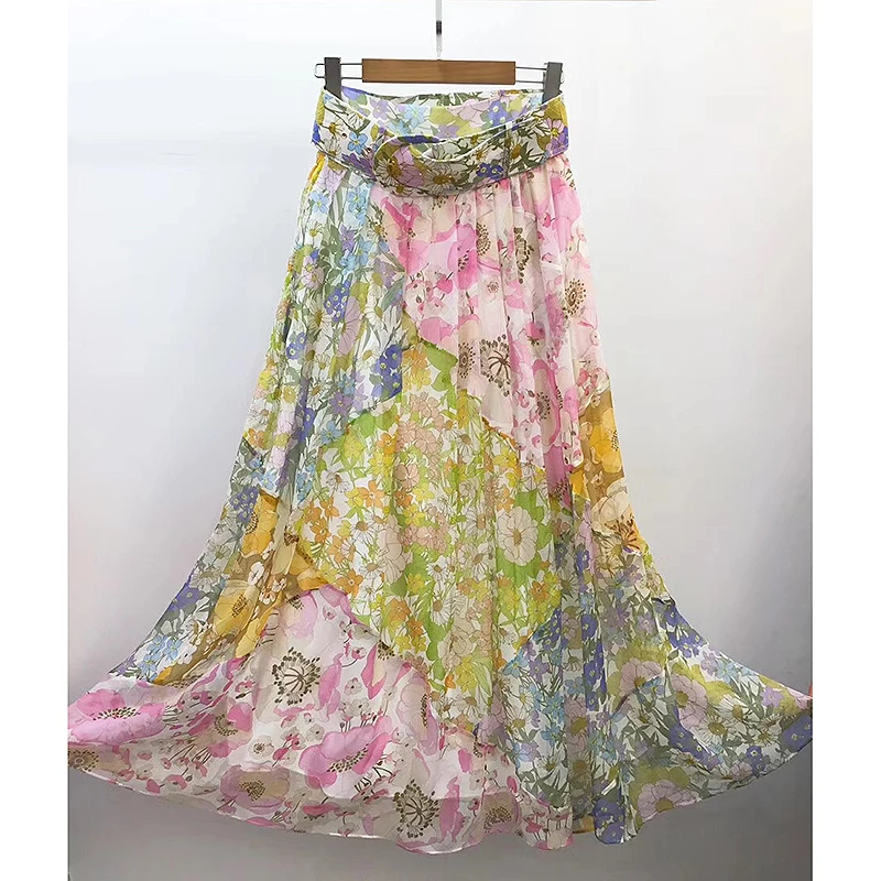 Top Kwaliteit Runway Bloemen Rokken 2020 Lente Zomer Vakantie Stijl Bloemen Print Hoge Taille Lange Rokken Voor Vrouwen