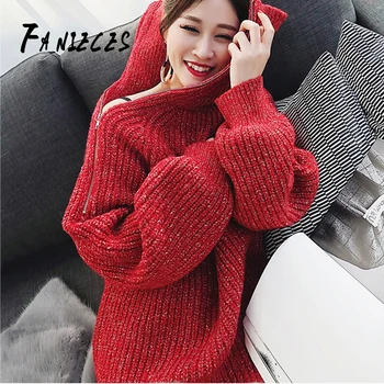 

Winter new casual lantern sleeves loose long Pullovers Turtleneck zipper red Thick sweater female knitting outwear sueter mujer