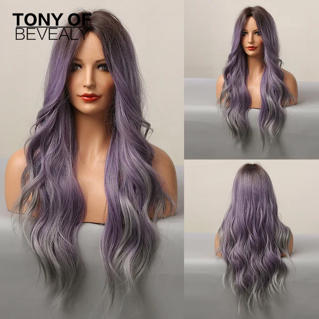 Long Water Wavy Synthetic Wigs Ombre Brown Middle Part Natural Hair Wigs For Women Cosplay Wigs Heat Resistant Fiber lc5116-1
