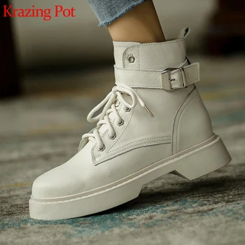 

Krazing Pot 2020 full grain leather punk handsome lady motorcycle boots med heels round toe metal rivets buckle ankle boots L22