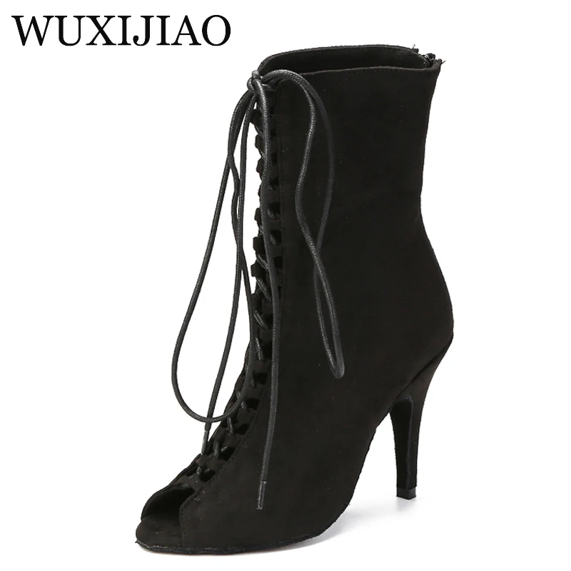 WUXIJIAO popular female black suede Latin dance salsa boots shoes training stage performance party soft sole