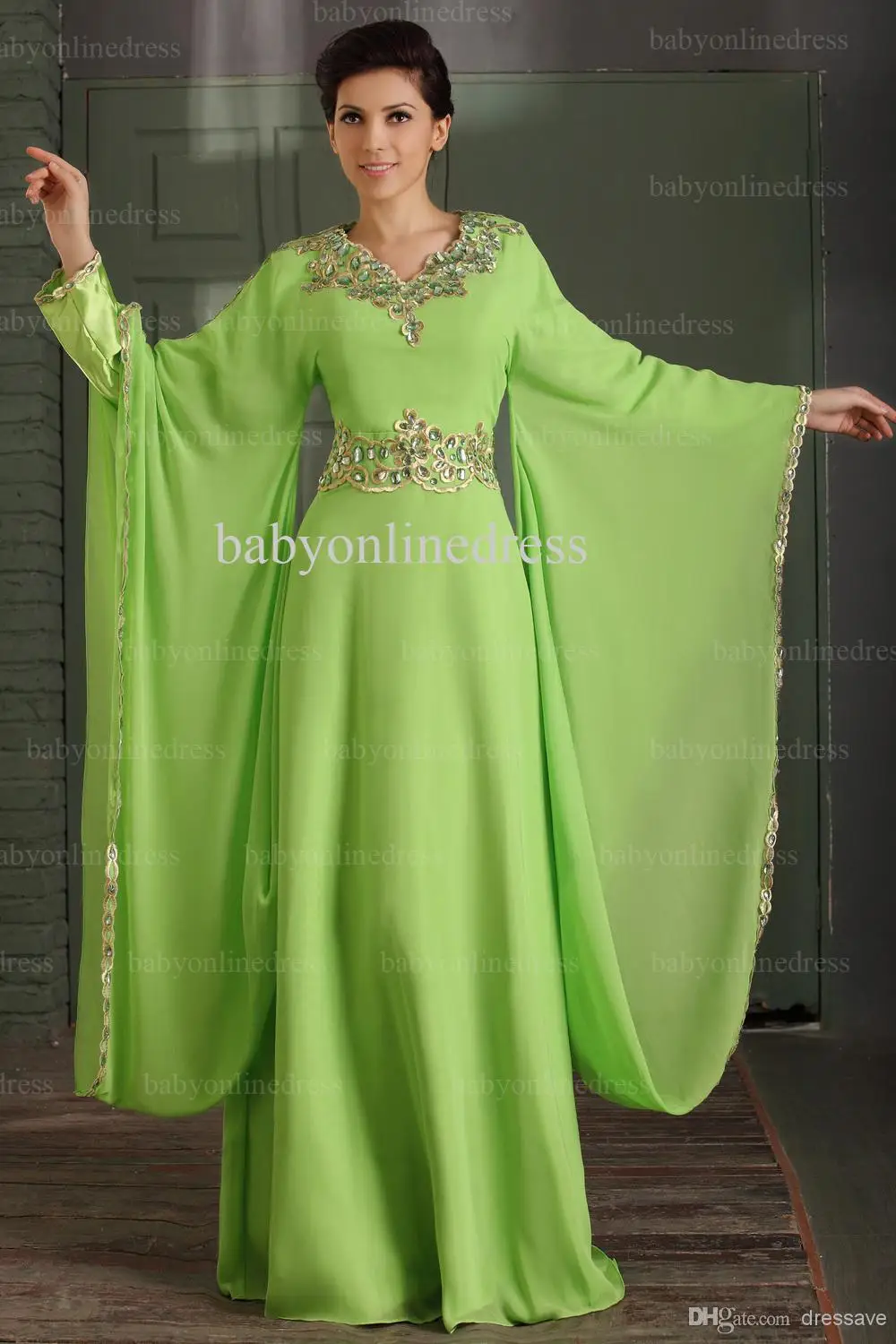 

free shipping Floor Length embrolder maxi gown crystal abaya in dubai Kaftan evening with Long Sleeve mother of the bride dress