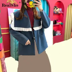 RealShe/женские блейзеры и куртки, воротник Питер Пэн, длинный рукав, оборки, Однотонный женский костюм, осенний винтажный Повседневный