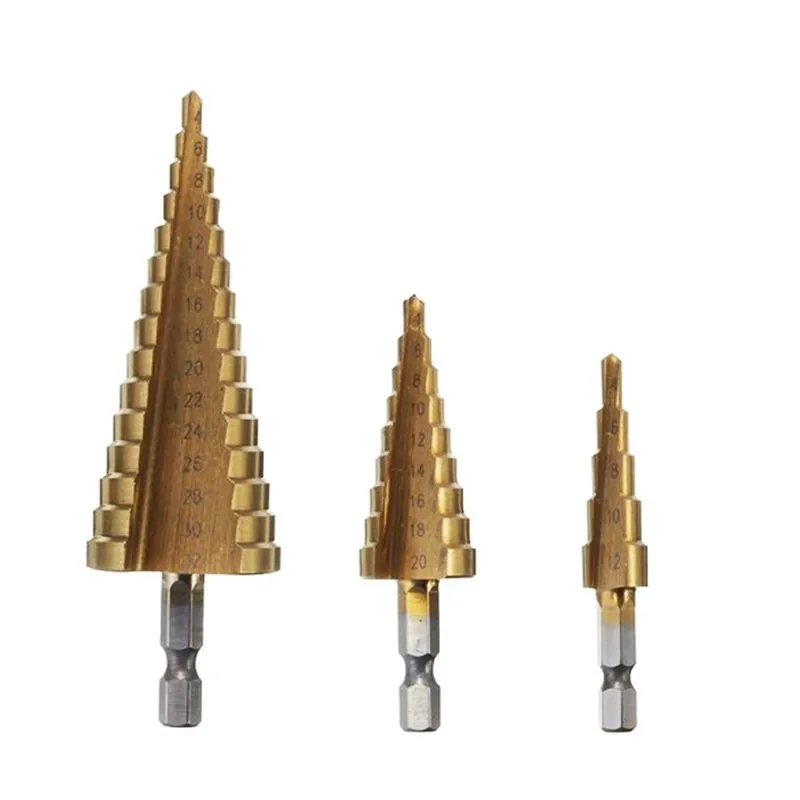 

3pcs Step Drill Set Hss Cone Metric Hole Cutter 4-12 / 20 / 32mm 1/4 "titanium Coated Metal Hexagonal Core Bits