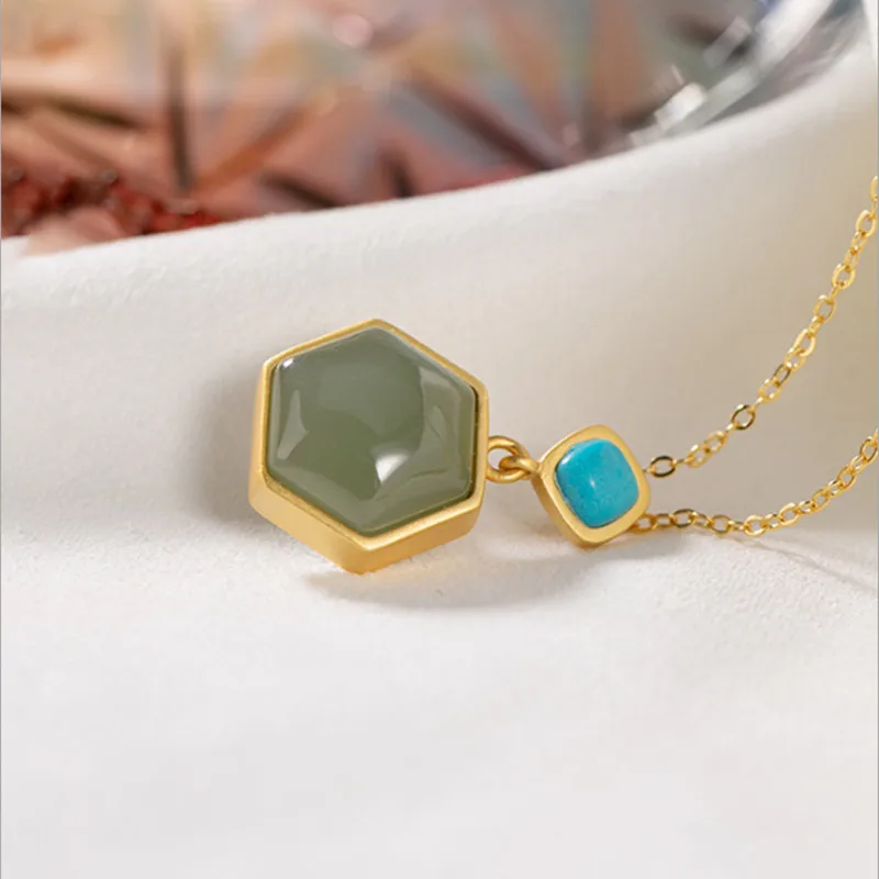 Uglyless Real Natural Jade Hexagon Pendants for Women Bohemia Turquoise Necklaces+ Chains Gold Plated 925 Silver Jewelry P1095