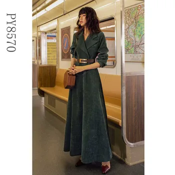 

Women's Dresses 2020 French Retro Dress Women's Spring and Autumn Corduroy Suit Collar Waist Thin Waist Long Dress