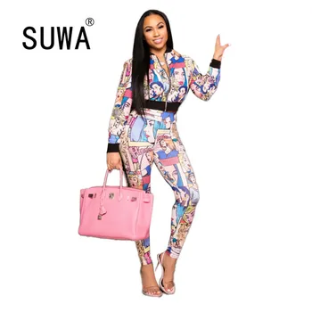 

Character Print Women Clothing Set Two Piece Set Jackets Leggings Stacked Jogger Pants Suit Tracksuit Matching Set Work Outfit