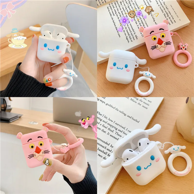 

For AirPods Case Cute Anime Cartoon Dog Panther Earphone Cases For Apple Airpods 2 Protect Cover With Finger Ring Strap