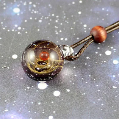 dark purple clear Solar System Design Necklace Universe Galaxy Nebula Space Cosmos Rope Chain Glass Bead Planets Pendant Necklace for lover Gift - Окраска металла: dark purple clear