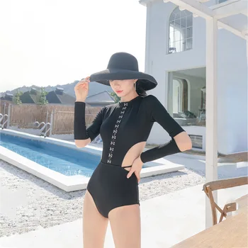 

Swimsuit Female Push-Up Women Swimwear Plus Size Sexy One Piece Swim Suits 2019 Korean Long Sleeve Ins Red Hot Solid Polyester