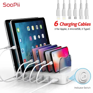 Soopii 50 W/10A 6-портовая зарядная станция usb для нескольких устройств, док-станция USB с 6 кабелями в комплекте(3 Micro USB 3 type-C
