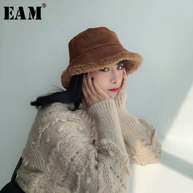 

[EAM] Women Suede Multicolor Thick Fishermen Hat New Round Dome Temperament Fashion Tide All-match Spring Autumn 2020 1N775