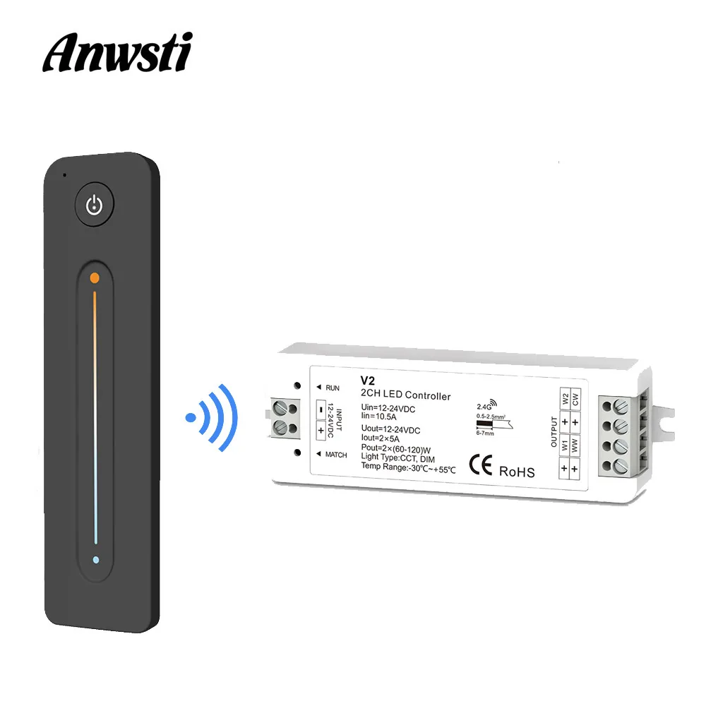 

CCT LED Dimmer Switch 12V 24V DC 10A 2.4G Wireless RF Remote Control 2CH WW CW LED Controller for CCT Dual White LED Strip Light