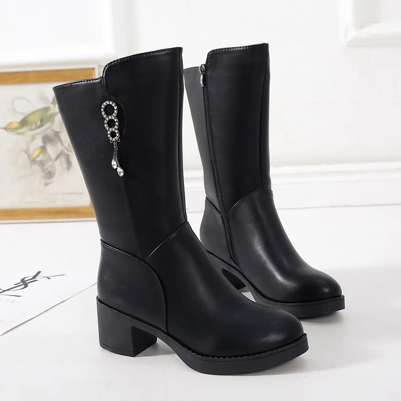 

Plus Size 35-51 Nice Pop Women Mid Calf Rain Boots Winter Autumn Crystal Circle Shoes Woman High Heels Office Ladies Dress Boot