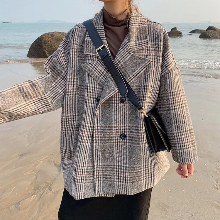 Lattice Woolen tops Suit collar coat Autumn New 4XL Double-breasted elegant Womens coats Large size Youth clothing trend
