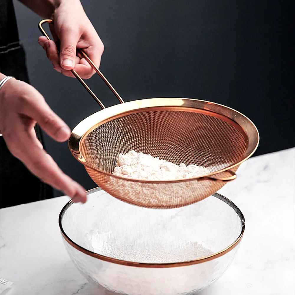 Stainless Steel Rose Gold Screen Mesh Long Handle Flour Seive Strainer Cooking Oil Colander Kitchen Filter Baking Tool | Дом и сад
