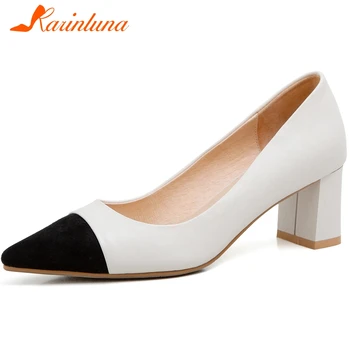 

Karinluna New Fashion 2020 Genuine Leather Pointed Toe Elegant Pumps Woman Shoes Slip-On Chunky High Heels Office Lady Pumps