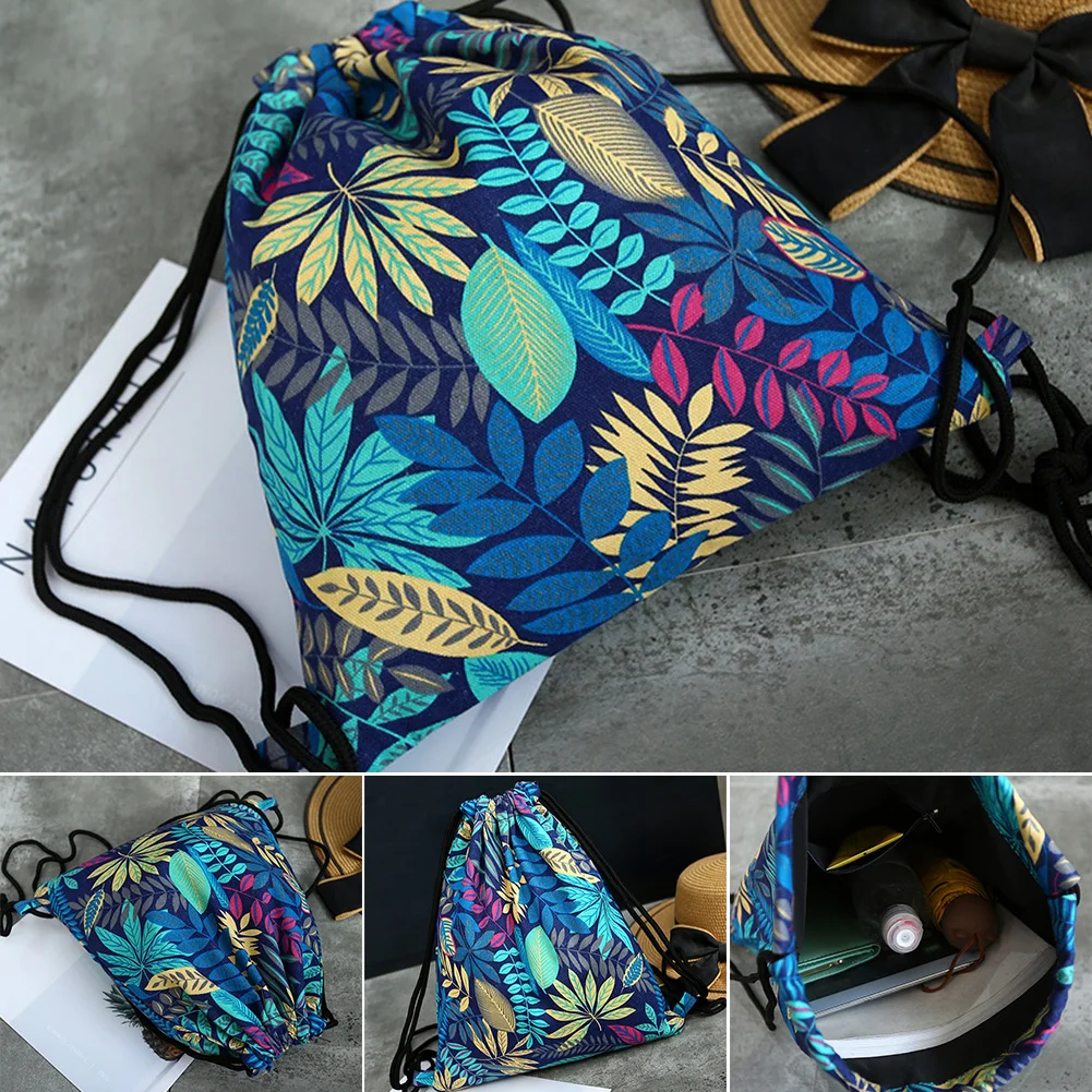 

Women Drawstring Bag Outdoor Portable Canvas Pouch Lightweight Shopping Floral Print Organizer Storage Backpack Sport Shoulder