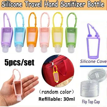 

5Pcs 30ml Silicone Travel Empty Bottle Refillable Squeezable Bottles Hand Sanitizer Container with Keychain Carrier Random Color
