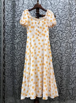 

2020 Spring and Summer New Women's Irregular Neckline Printing Color Matching Bubble Short-Sleeve Dress 619